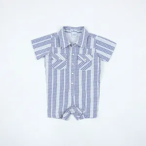Guayabera Pearl Snap Romper | Navy Plaid