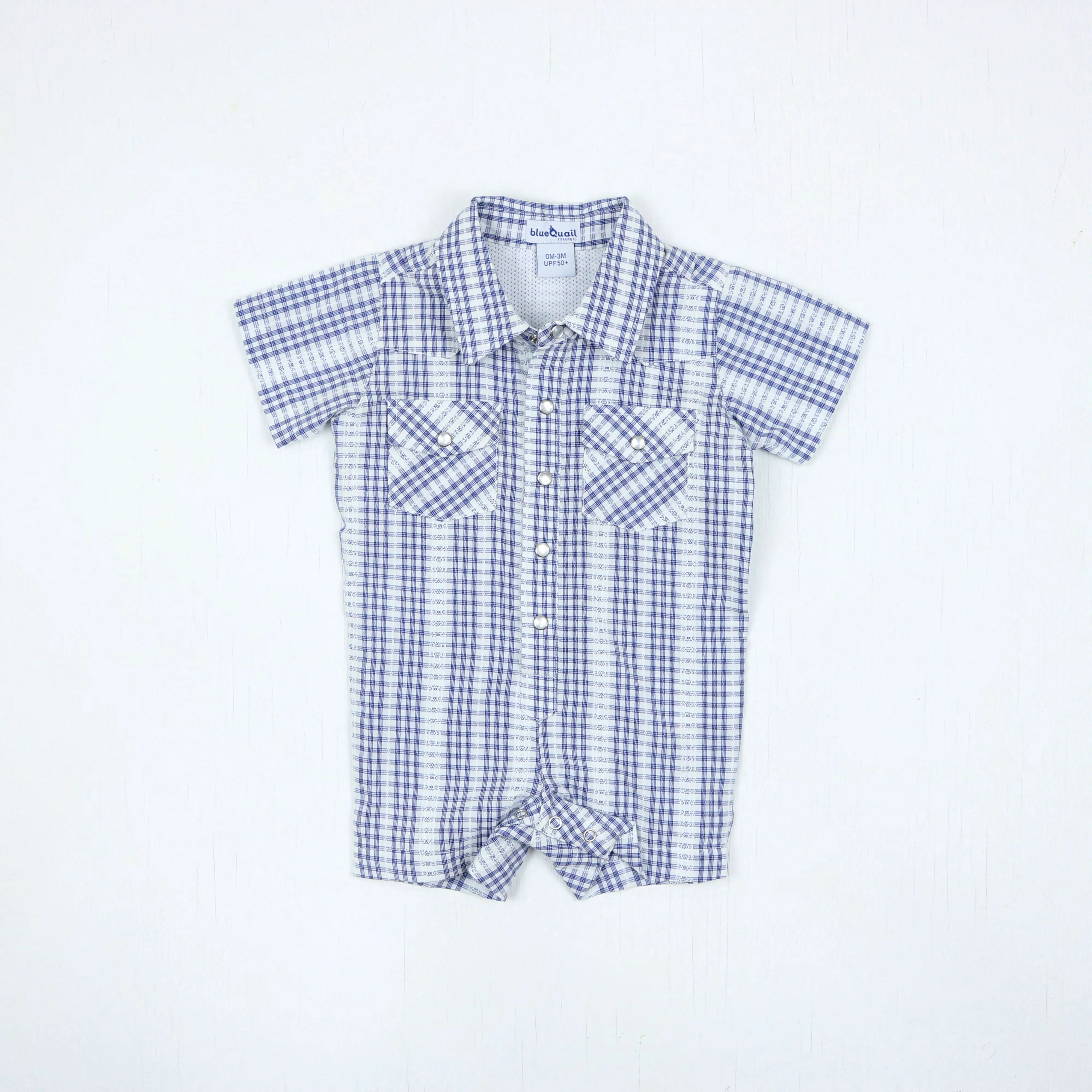 Guayabera Pearl Snap Romper | Navy Plaid