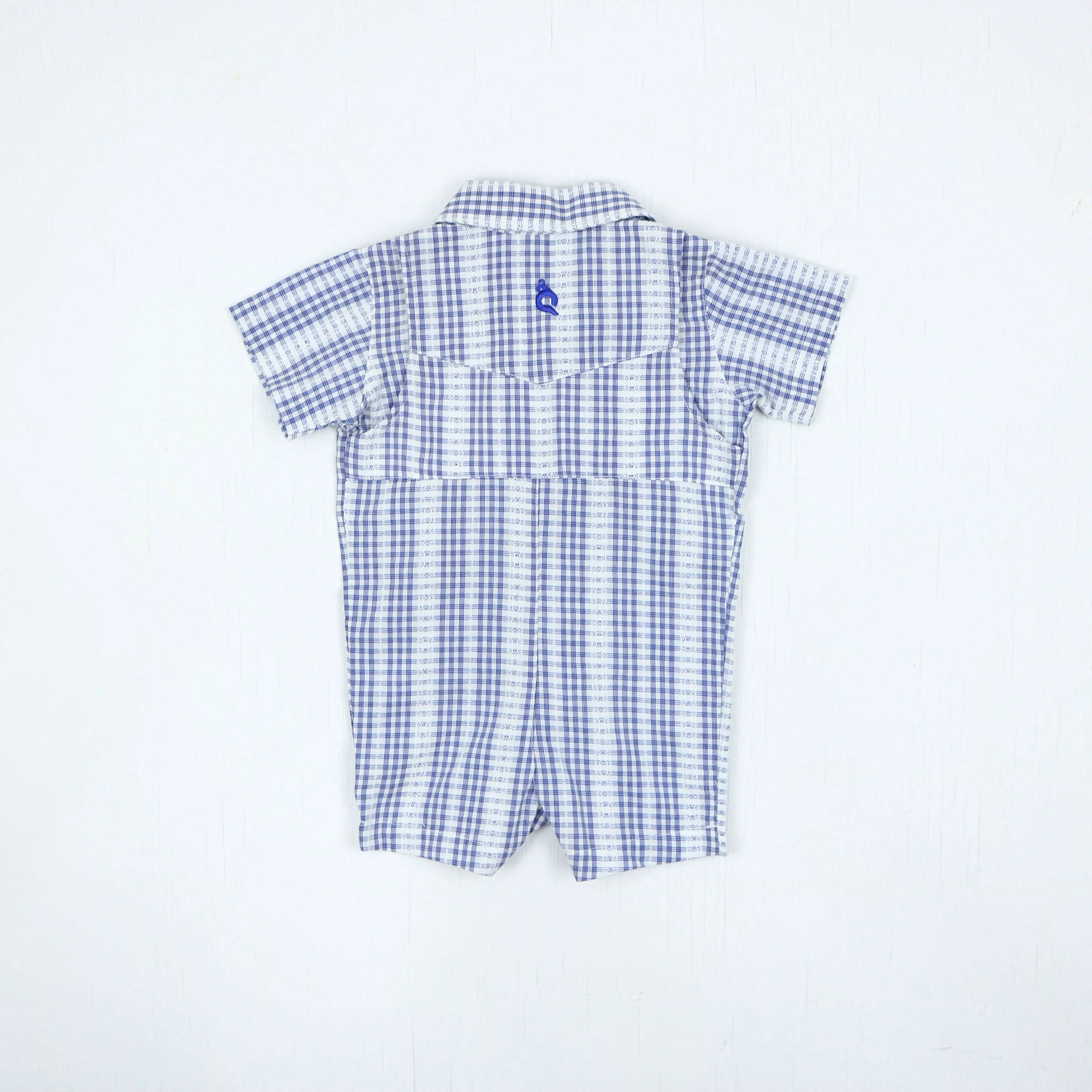 Guayabera Pearl Snap Romper | Navy Plaid