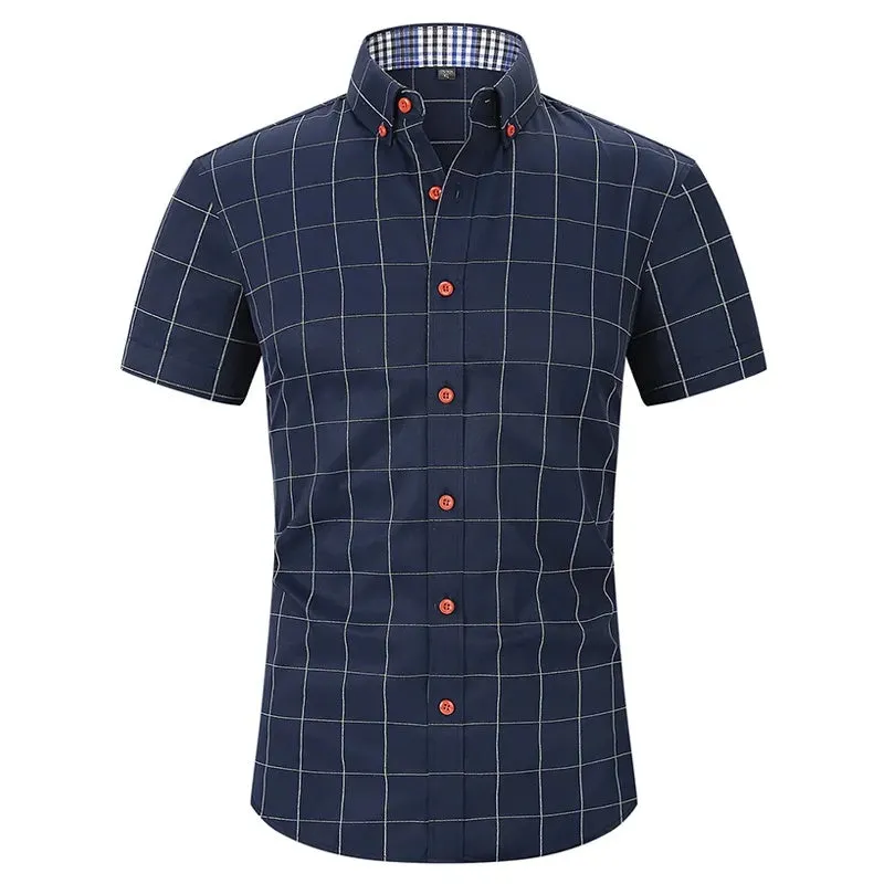 High Quality Classic Style Cotton Plaid Color Stitching Fabric Short Sleeve Casual Business Men's Shirt