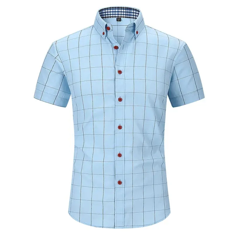 High Quality Classic Style Cotton Plaid Color Stitching Fabric Short Sleeve Casual Business Men's Shirt