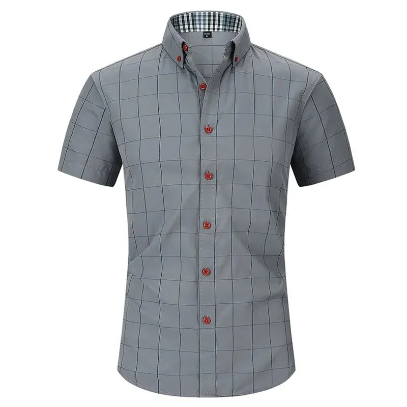 High Quality Classic Style Cotton Plaid Color Stitching Fabric Short Sleeve Casual Business Men's Shirt
