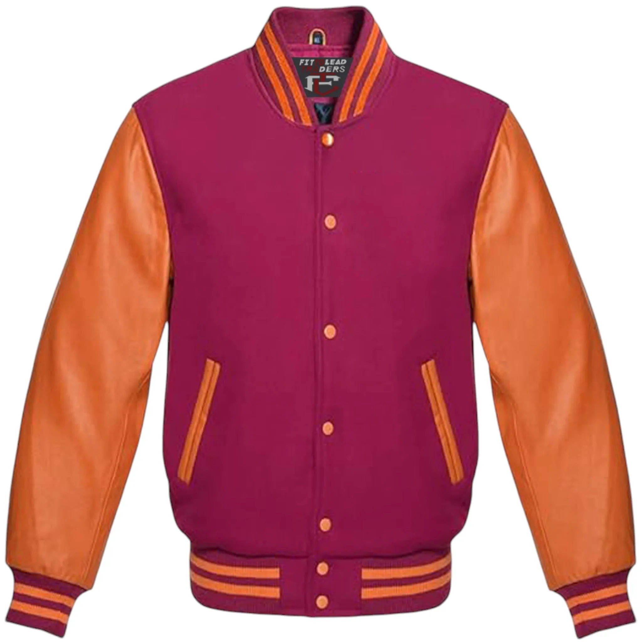 High-Quality Unisex Varsity Jacket  Wool & Orange Leather Sleeves