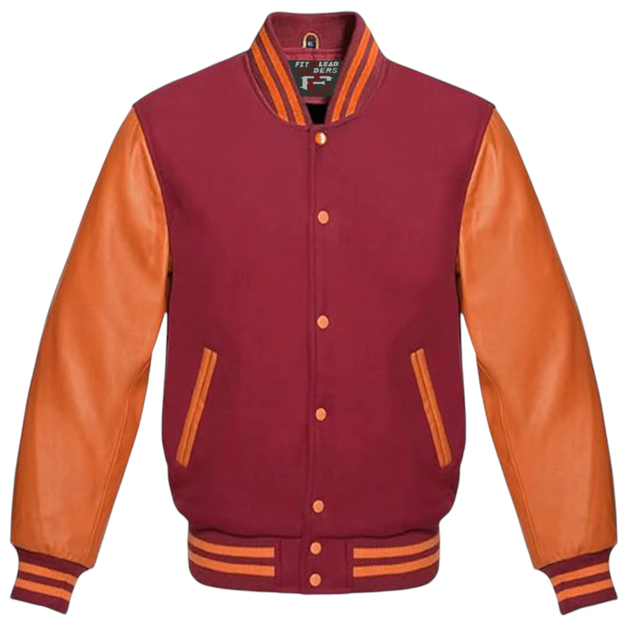 High-Quality Unisex Varsity Jacket  Wool & Orange Leather Sleeves