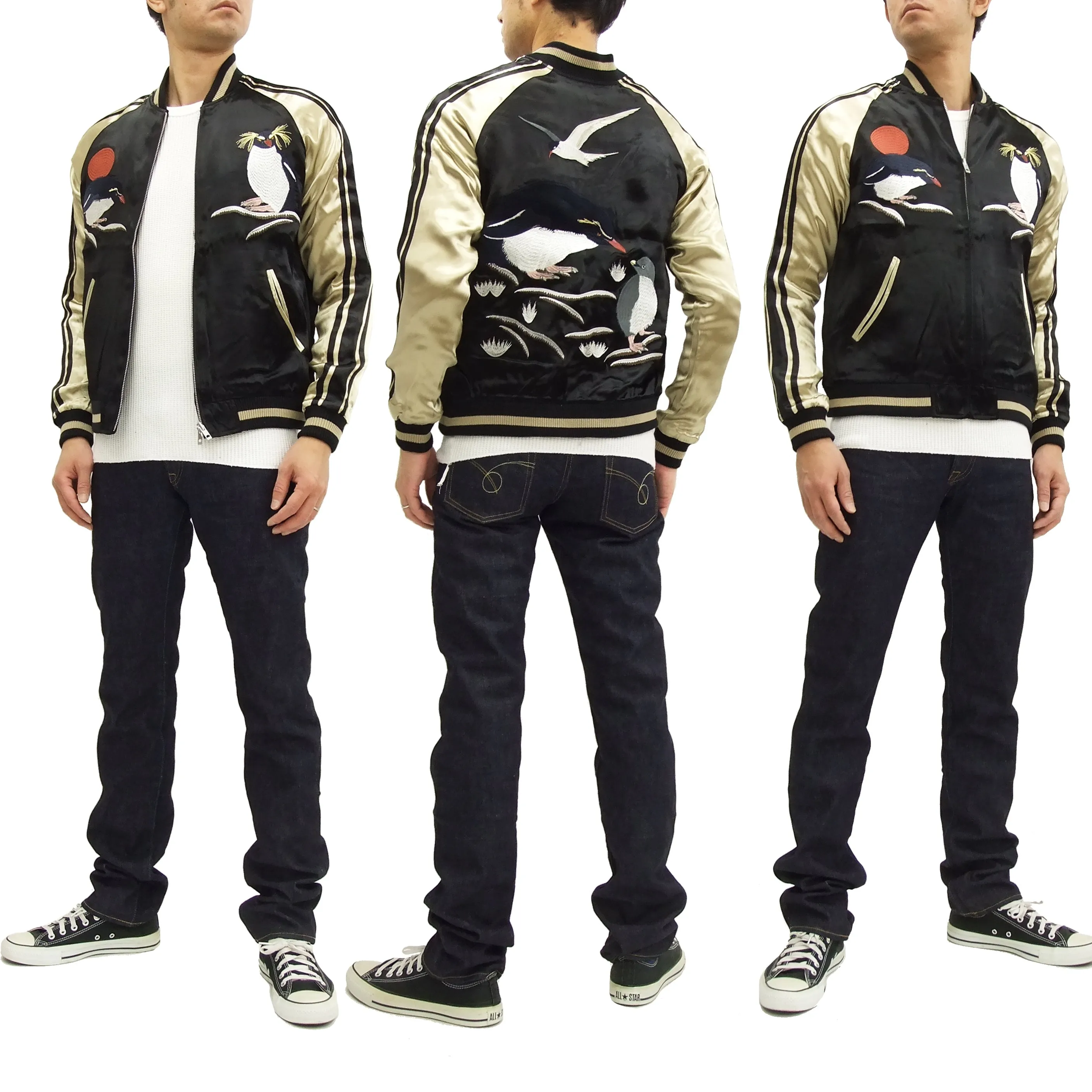 Japanesque Script Japanese Souvenir Jacket 3RSJ-036 Penguin Men's Sukajan Black/Gold