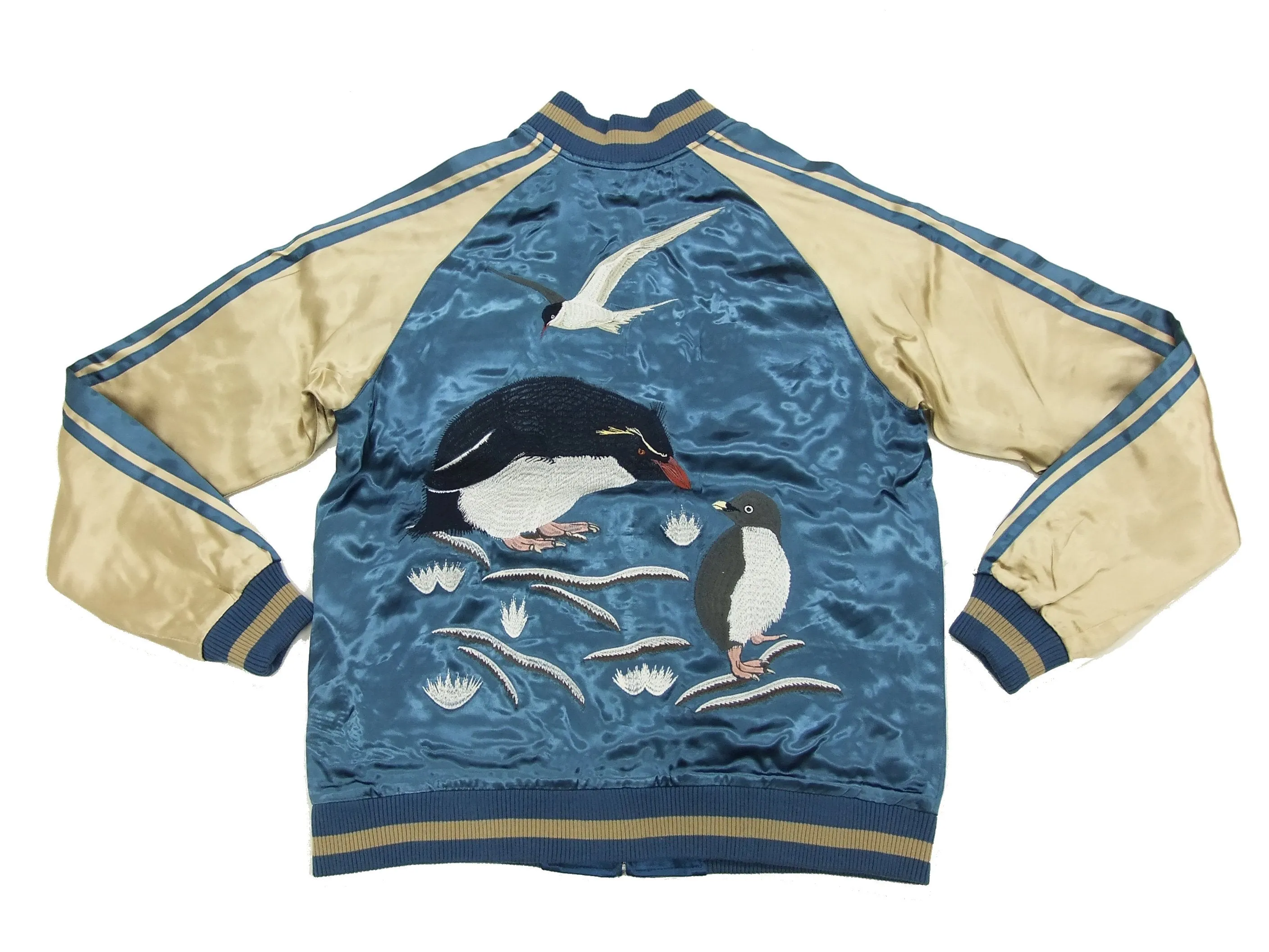 Japanesque Script Japanese Souvenir Jacket 3RSJ-036 Penguin Men's Sukajan Blue/Gold