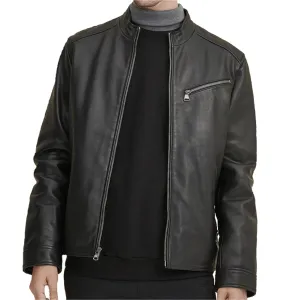 Lambskin Leather Jacket with Diagonal Zipper On Chest