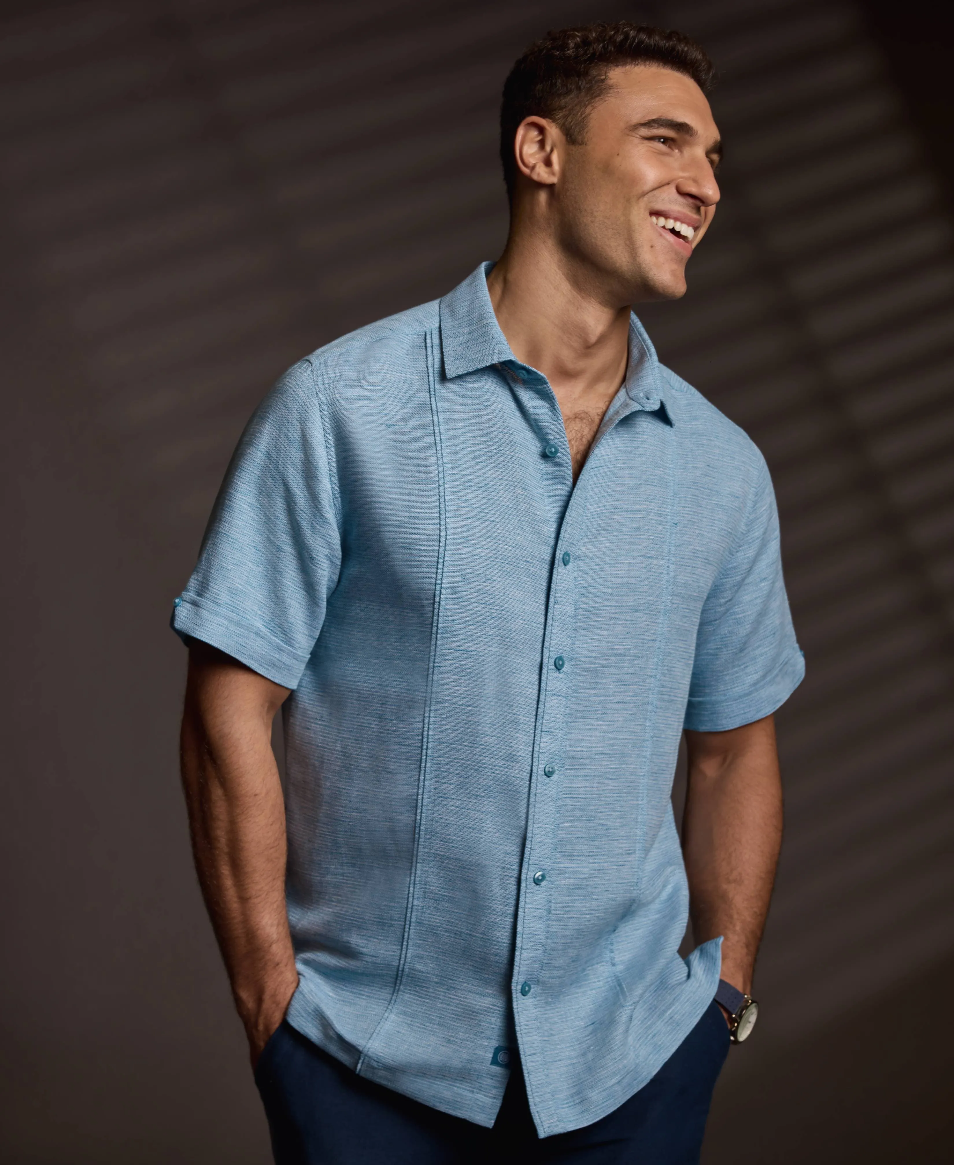 Linen Blend Tuck Panel Dobby Shirt