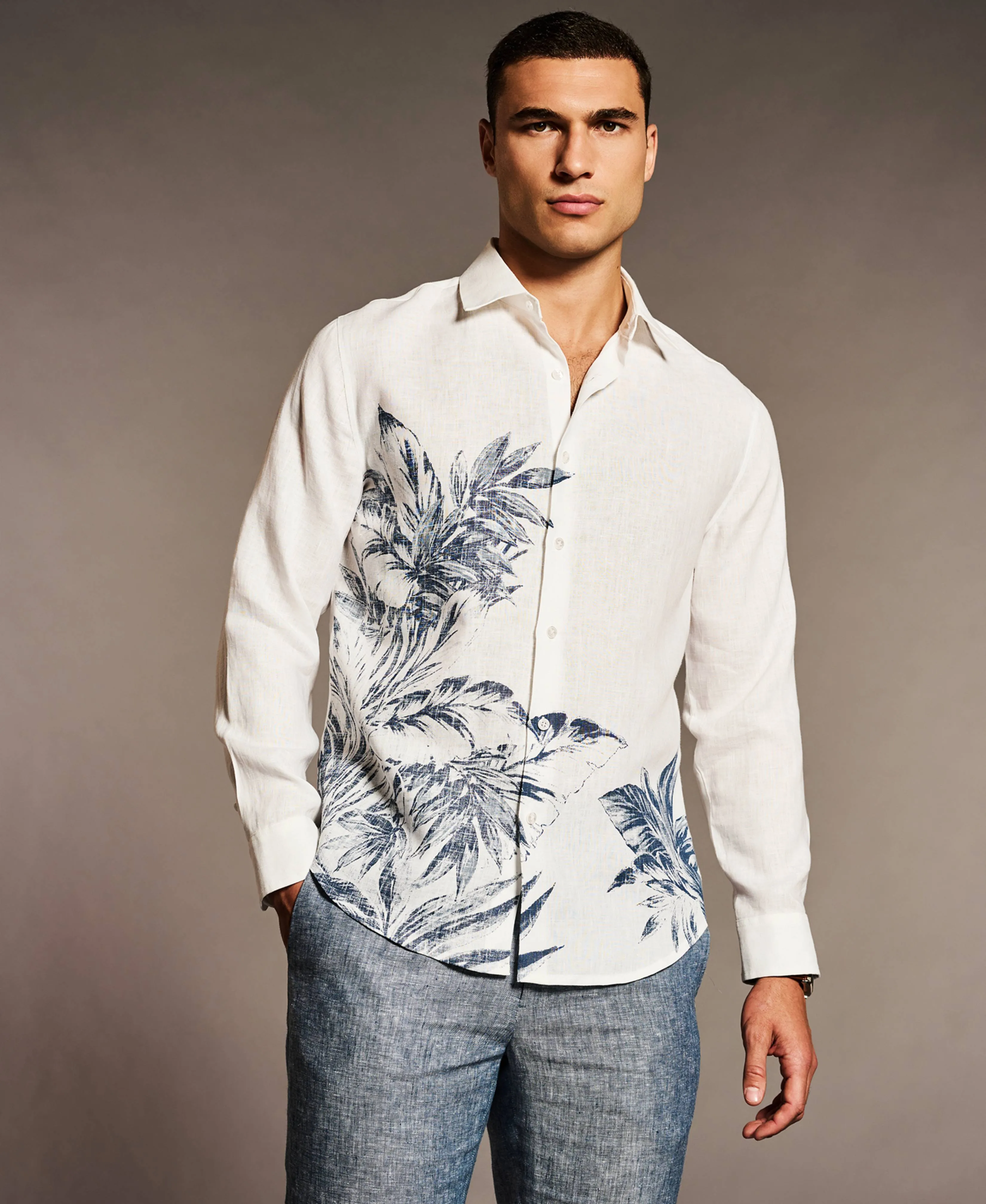 Linen Engineered Tropical Print Shirt