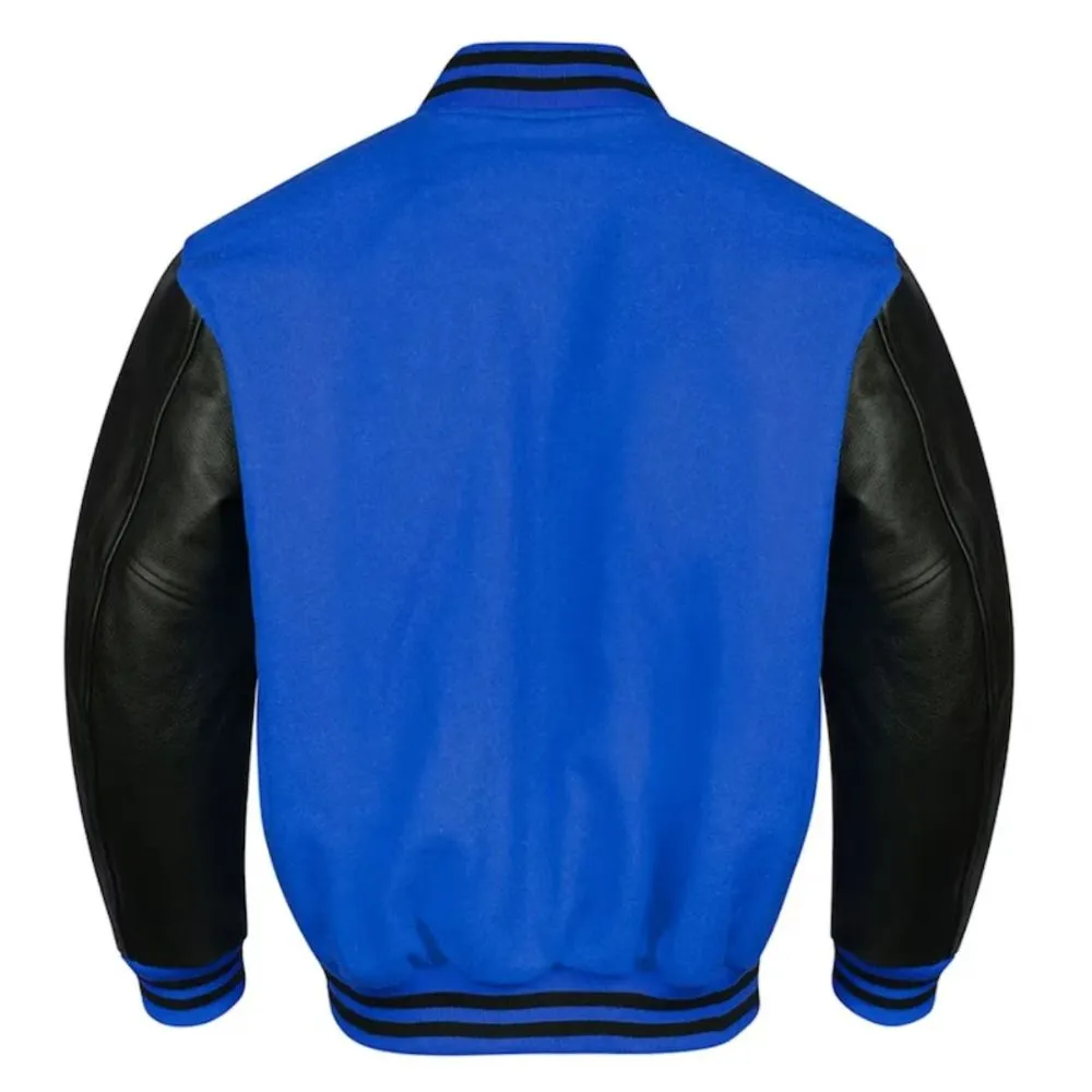 Men Blue Black Leather Sleeves Baseball Jacket