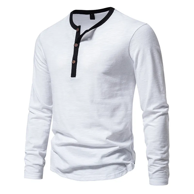 Men Crewneck Buttons Bicolor Long Sleeves T-Shirt