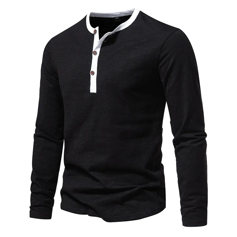 Men Crewneck Buttons Bicolor Long Sleeves T-Shirt
