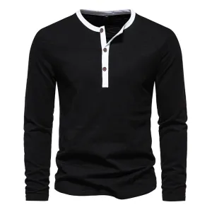 Men Crewneck Buttons Bicolor Long Sleeves T-Shirt