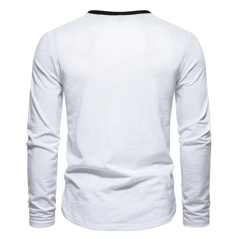 Men Crewneck Buttons Bicolor Long Sleeves T-Shirt