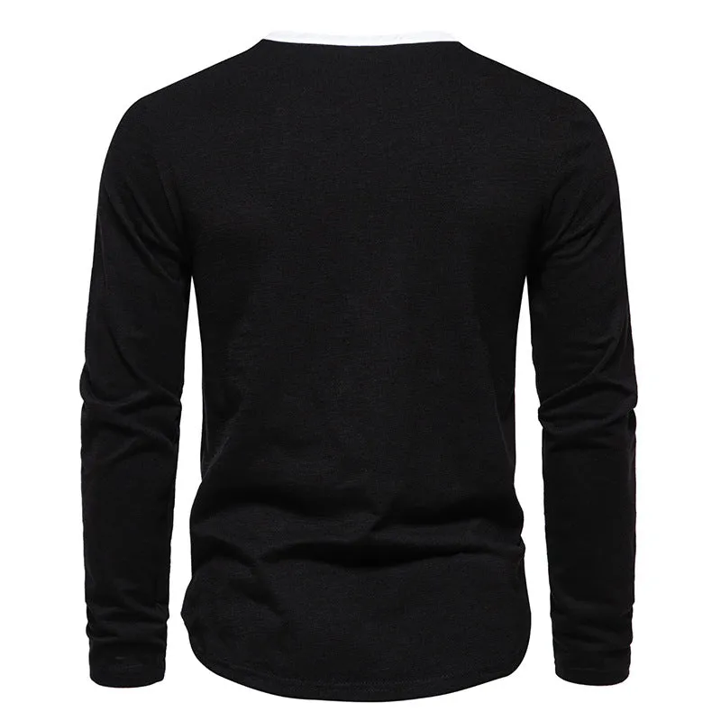 Men Crewneck Buttons Bicolor Long Sleeves T-Shirt