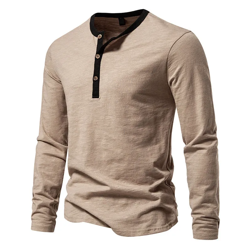 Men Crewneck Buttons Bicolor Long Sleeves T-Shirt