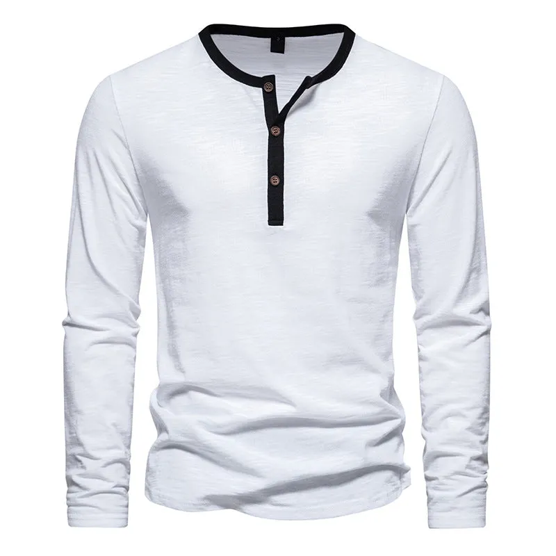 Men Crewneck Buttons Bicolor Long Sleeves T-Shirt