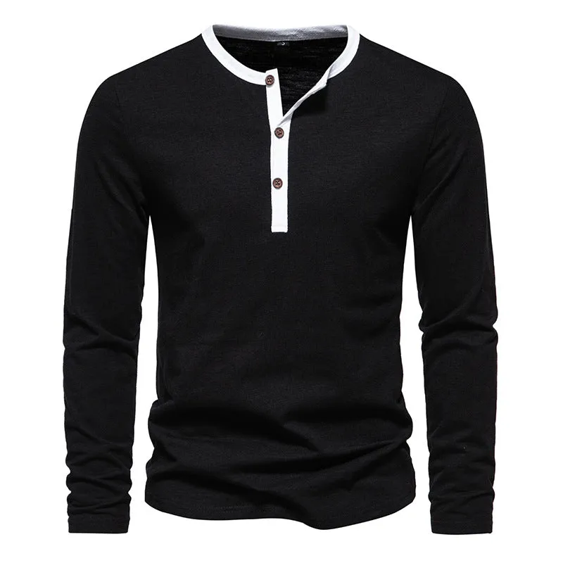 Men Crewneck Buttons Bicolor Long Sleeves T-Shirt
