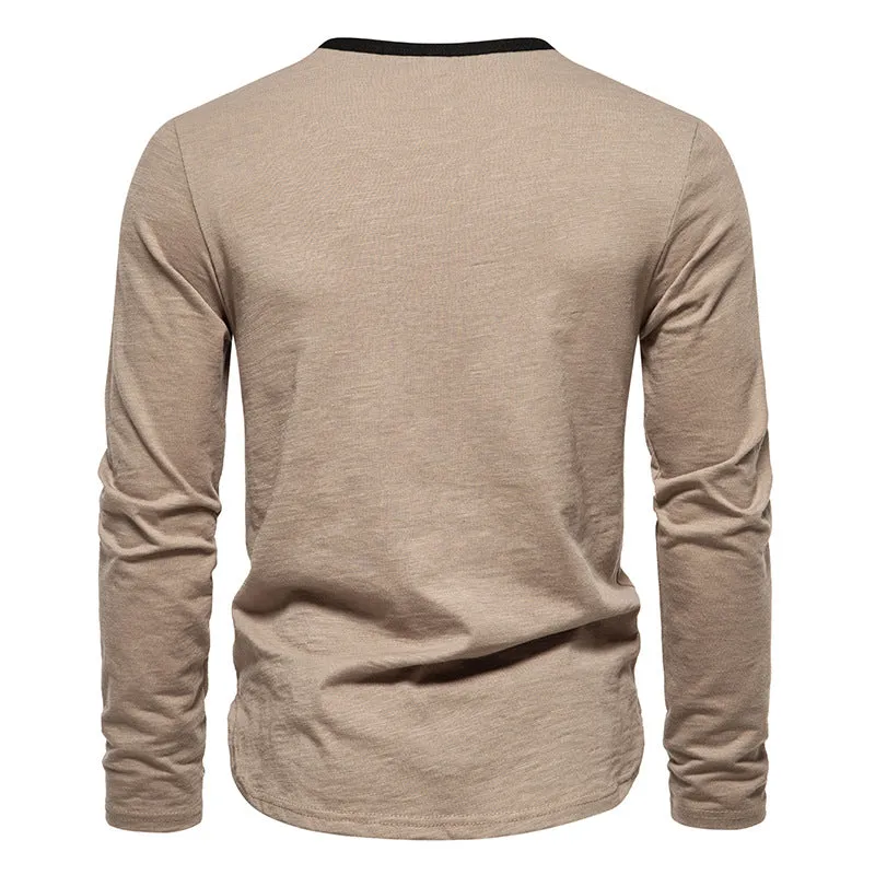 Men Crewneck Buttons Bicolor Long Sleeves T-Shirt
