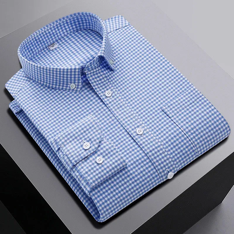 men's 100% cotton long sleeve shirt plus size plaid casual comfort Oxford woven pocket free iron