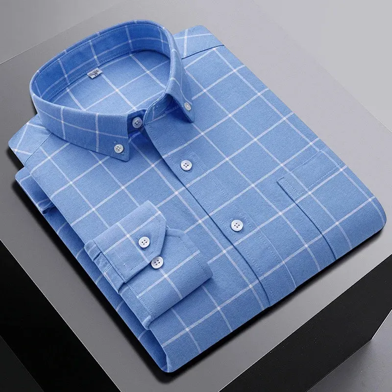 men's 100% cotton long sleeve shirt plus size plaid casual comfort Oxford woven pocket free iron