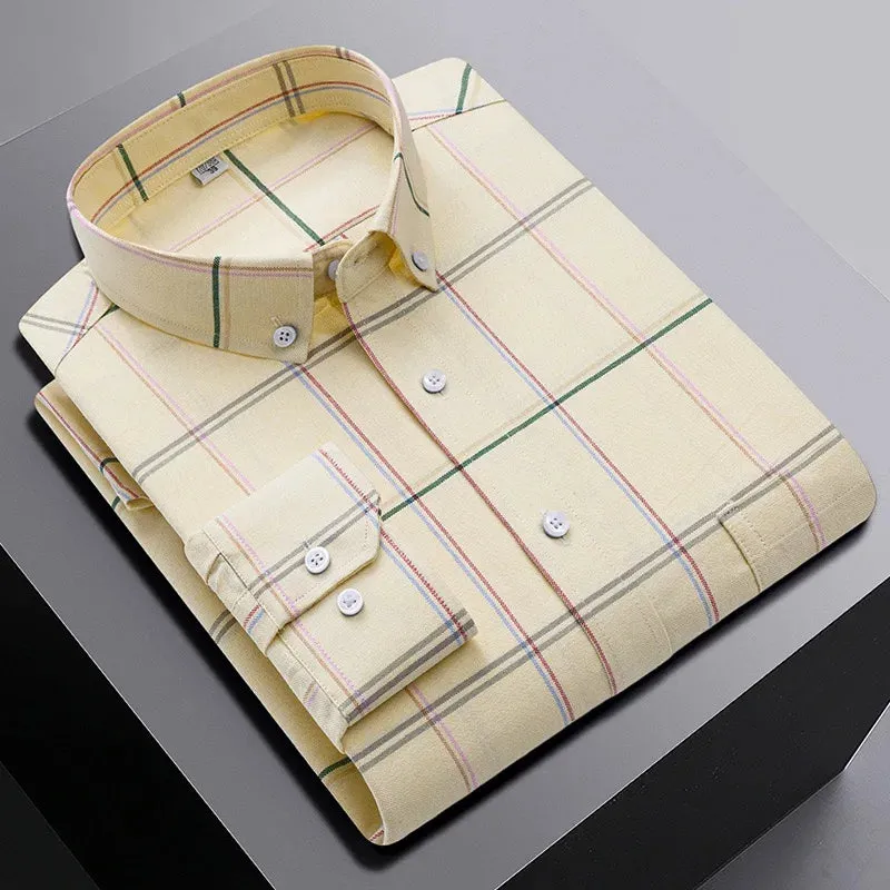 men's 100% cotton long sleeve shirt plus size plaid casual comfort Oxford woven pocket free iron