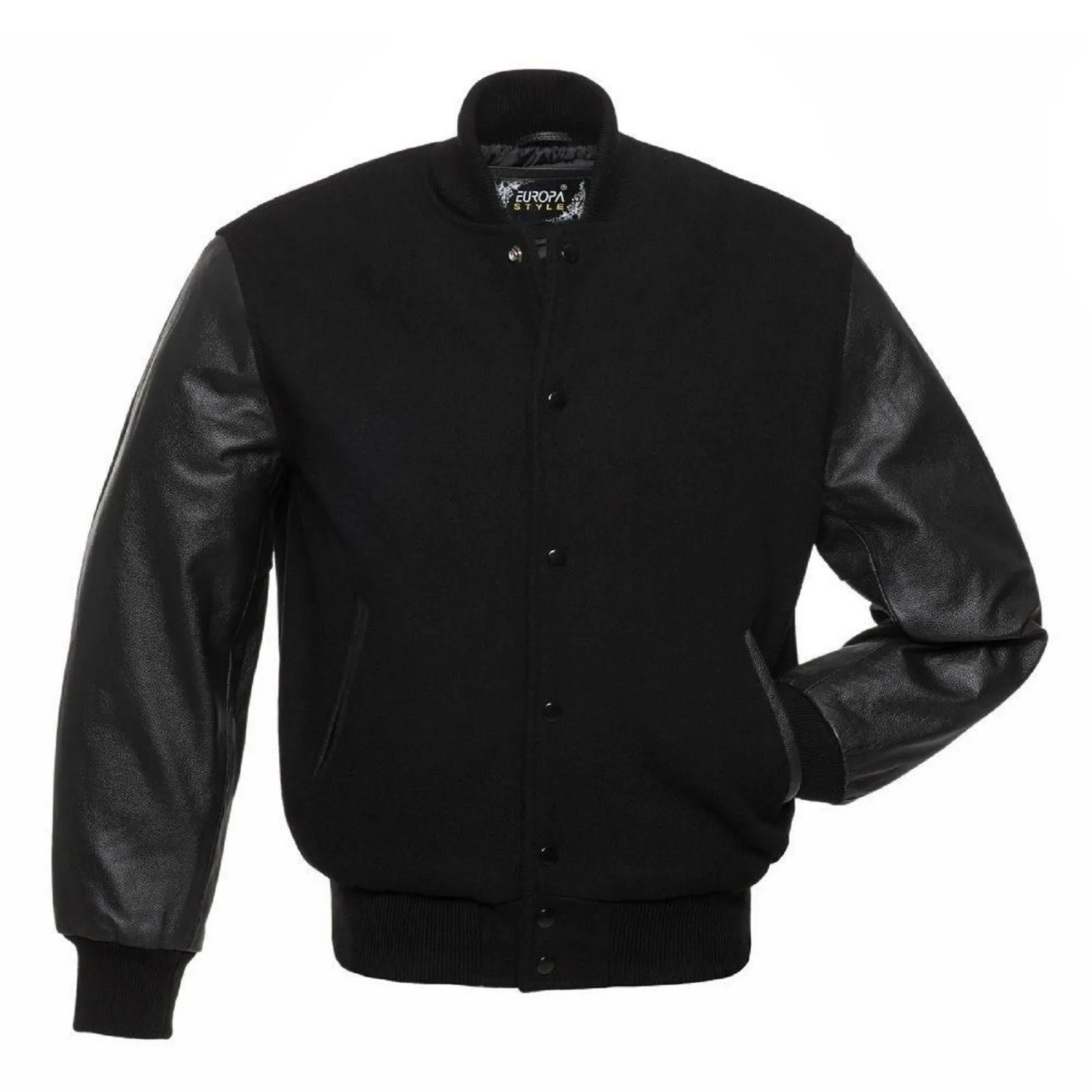 Men's All Black Letterman Varsity Baseball Jacket Wool & Real Leather Sleeves