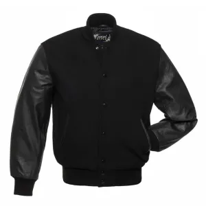 Men's All Black Letterman Varsity Baseball Jacket Wool & Real Leather Sleeves