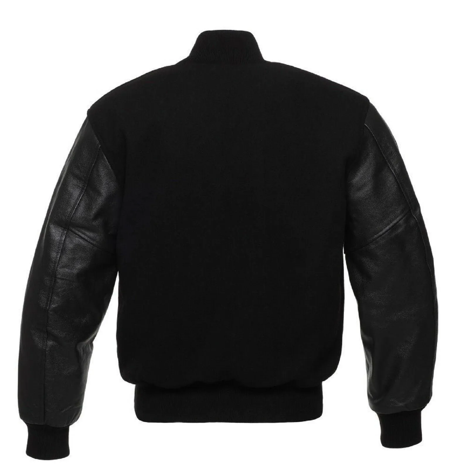 Men's All Black Letterman Varsity Baseball Jacket Wool & Real Leather Sleeves