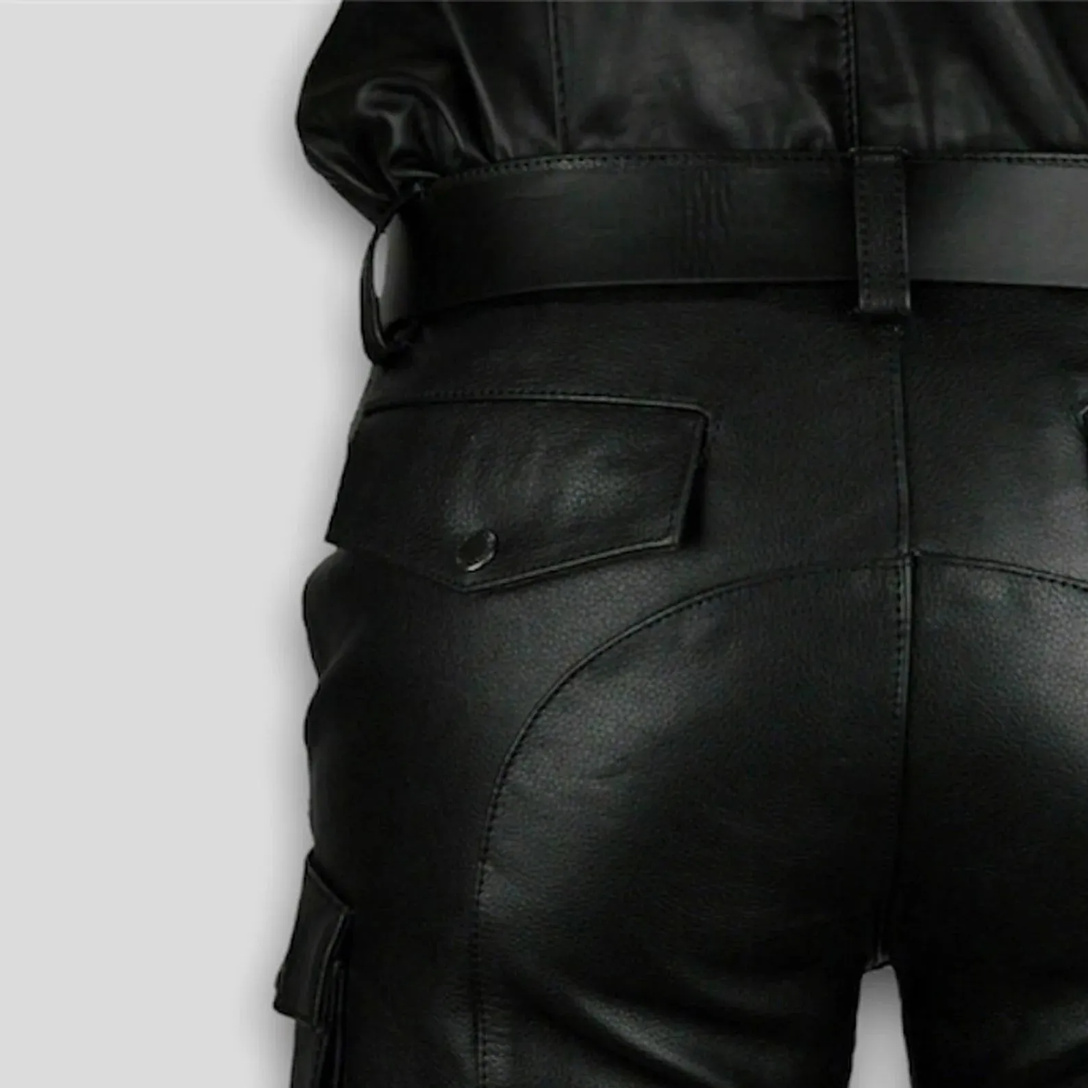 Men's Black Cargo leather Short. Real Soft Sheepskin Belted Biker leather Shorts