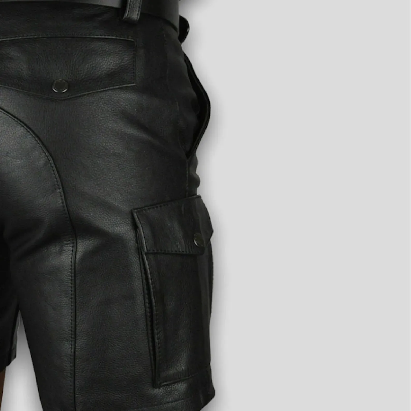 Men's Black Cargo leather Short. Real Soft Sheepskin Belted Biker leather Shorts