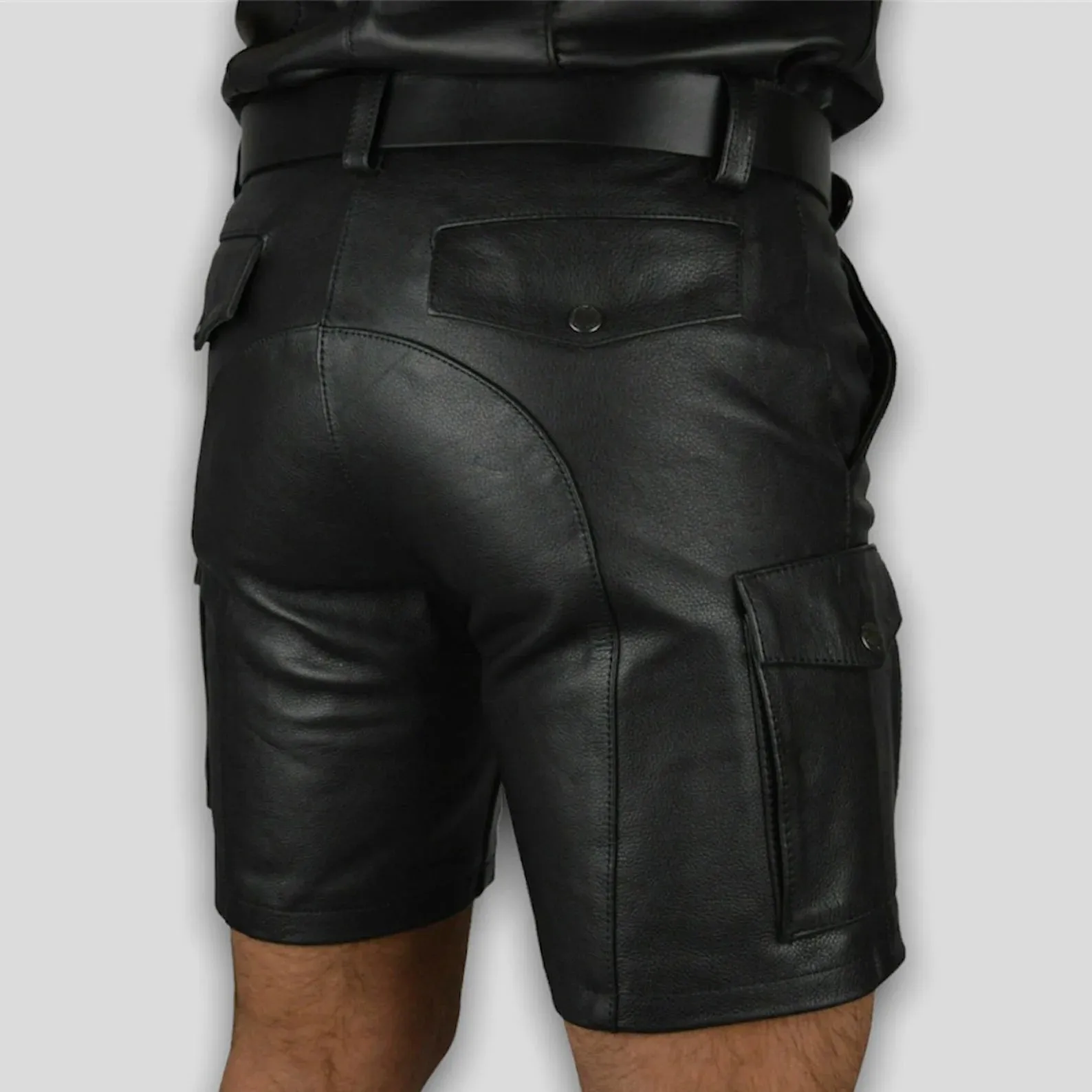 Men's Black Cargo leather Short. Real Soft Sheepskin Belted Biker leather Shorts