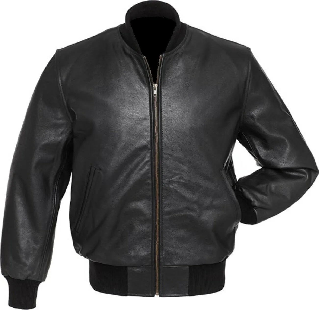 Men's Black Real Leather Zipper Baseball Bomber Jacket