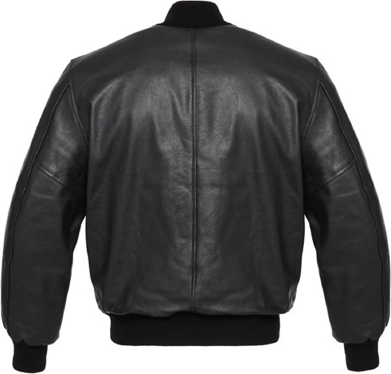 Men's Black Real Leather Zipper Baseball Bomber Jacket