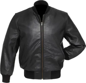 Men's Black Real Leather Zipper Baseball Bomber Jacket