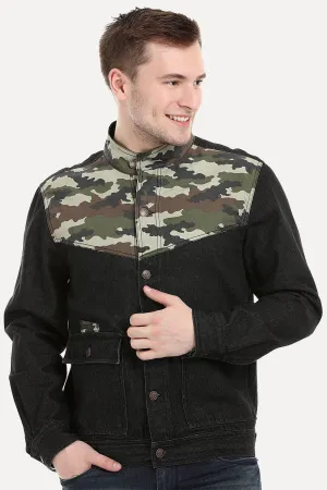 Men's Camo Print Cut-N-Sew Black Denim Jacket