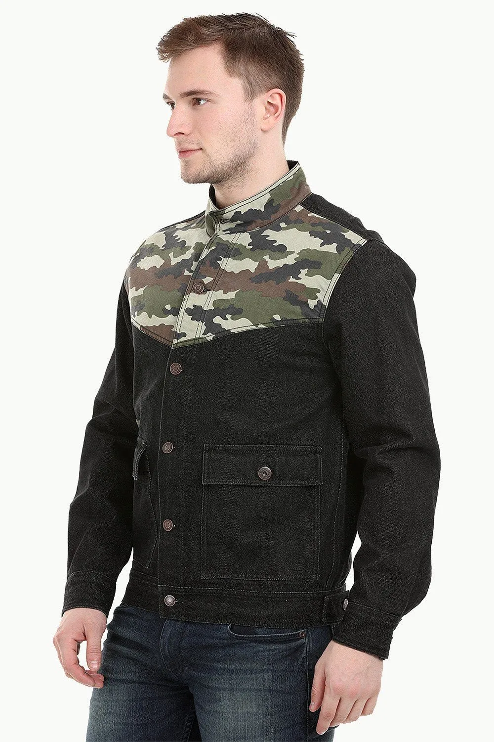Men's Camo Print Cut-N-Sew Black Denim Jacket