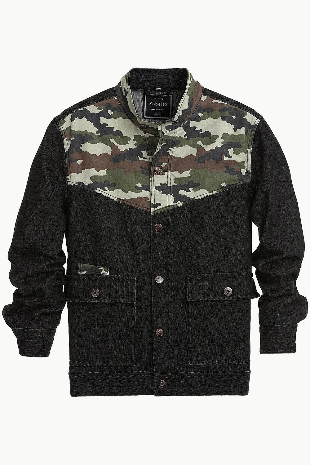 Men's Camo Print Cut-N-Sew Black Denim Jacket