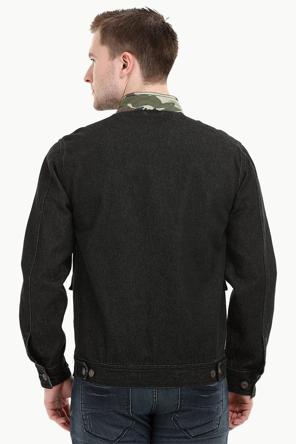 Men's Camo Print Cut-N-Sew Black Denim Jacket