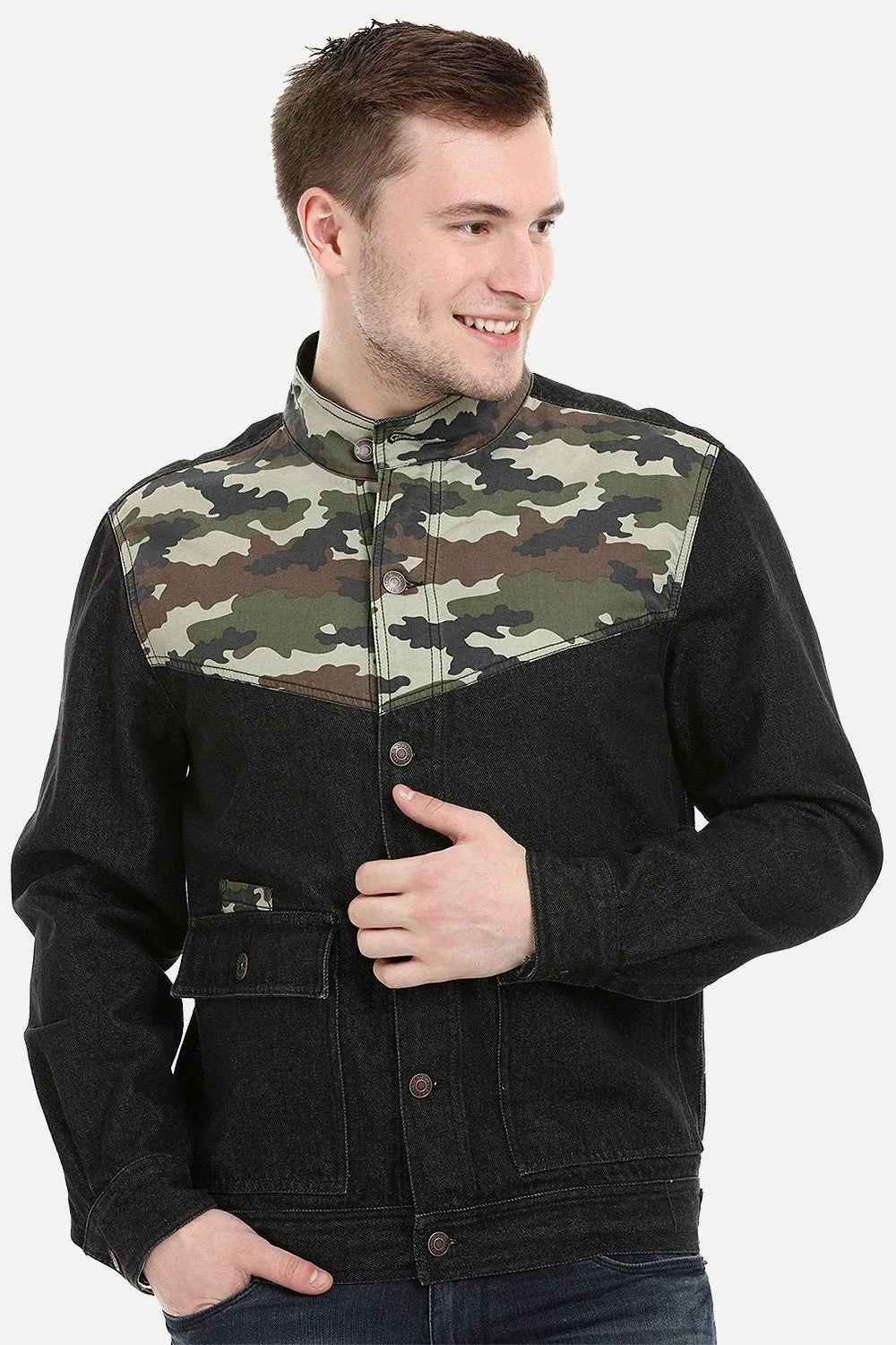 Men's Camo Print Cut-N-Sew Black Denim Jacket