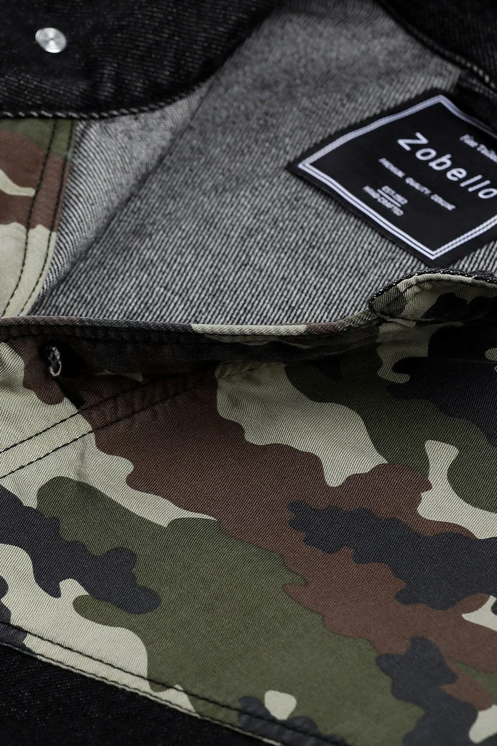 Men's Camo Print Cut-N-Sew Black Denim Jacket