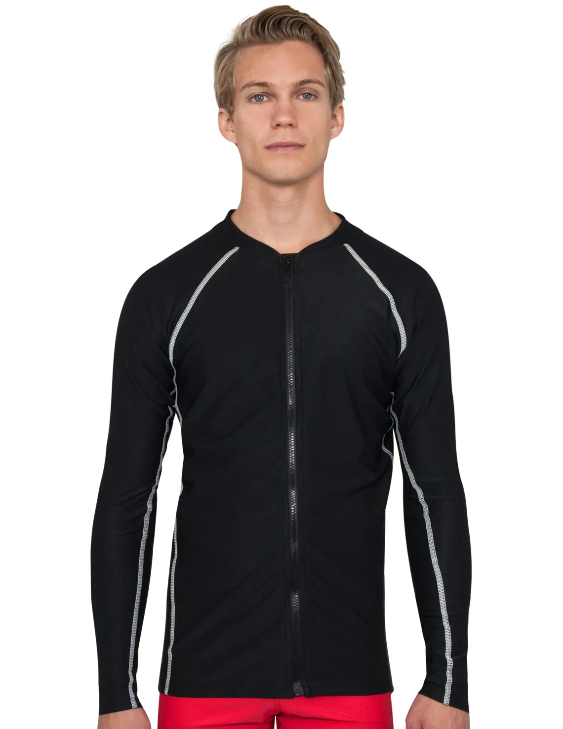 Men's  Chlorine Resistant Long Sleeve Zip Rash Guard - Black