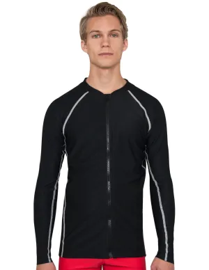 Men's  Chlorine Resistant Long Sleeve Zip Rash Guard - Black