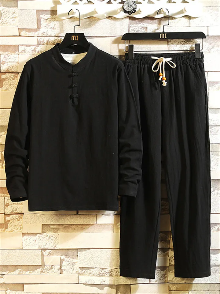 Men's Comfy Cotton Linen Sets Long-Sleeved T-shirt   Trousers With Pockets