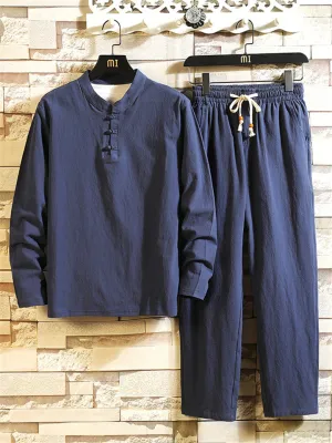 Men's Comfy Cotton Linen Sets Long-Sleeved T-shirt   Trousers With Pockets