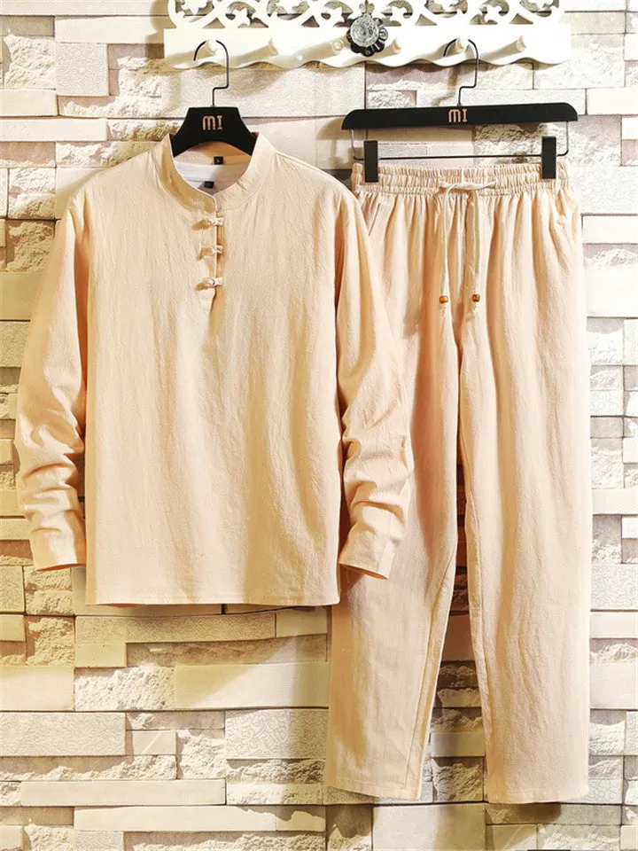 Men's Comfy Cotton Linen Sets Long-Sleeved T-shirt   Trousers With Pockets