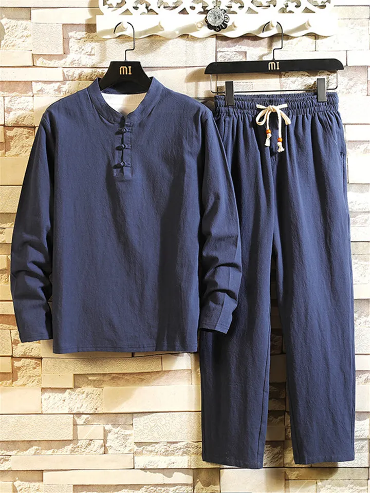 Men's Comfy Cotton Linen Sets Long-Sleeved T-shirt   Trousers With Pockets