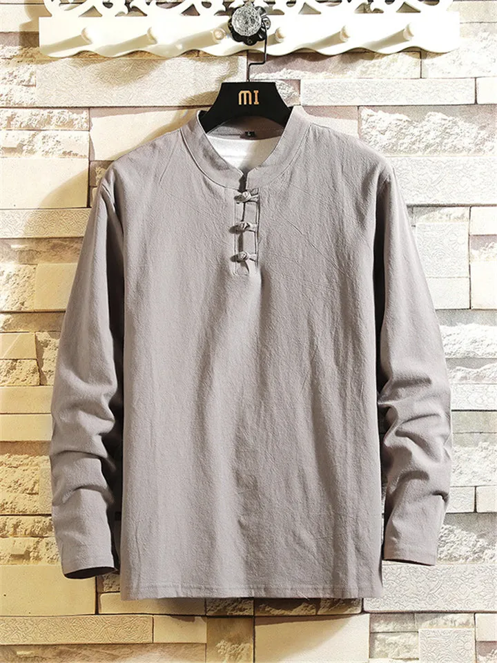 Men's Comfy Cotton Linen Sets Long-Sleeved T-shirt   Trousers With Pockets