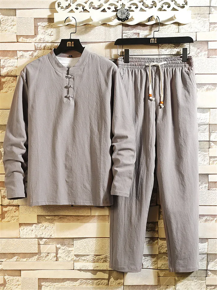 Men's Comfy Cotton Linen Sets Long-Sleeved T-shirt   Trousers With Pockets