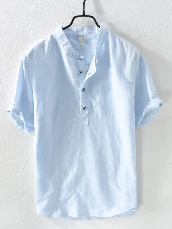 Men's Cotton And Linen Blended Stand Collar Short-sleeved T-shirt
